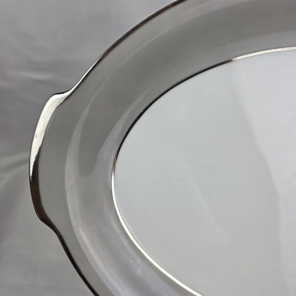 Sango Plantina Oval Serving Platter White with Gray Band & Platinum Trim - Picture 3 of 16